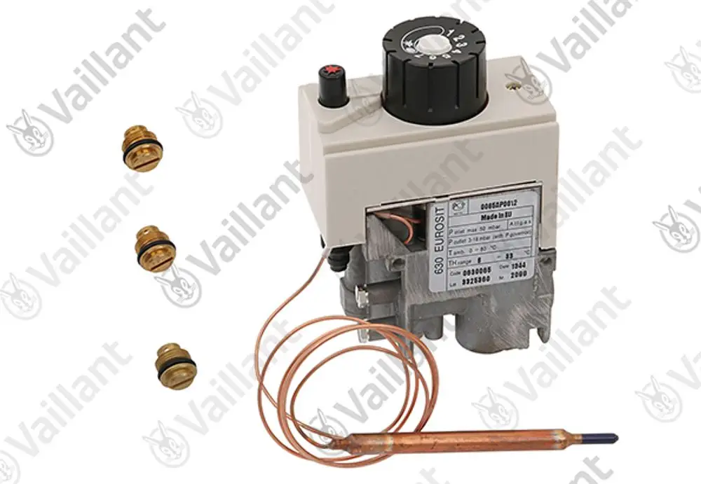 Vaillant Gasarmatur mit Thermoelement und regelbarem Knopf. Drei Schrauben mit Unterlegscheiben daneben. Das Gerät hat eine metallische Unterseite und eine Beschriftung auf der Seite.